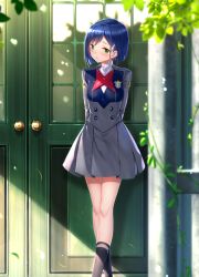 Rule 34 | 10s, 1girl, black socks, blue hair, blurry, blurry foreground, blush, breasts, commentary request, darling in the franxx, day, depth of field, door, green eyes, grey jacket, grey skirt, hair ornament, hairclip, highres, ichigo (darling in the franxx), jacket, long sleeves, looking away, looking to the side, medium breasts, outdoors, parted lips, pleated skirt, school uniform, short hair, skirt, socks, solo, standing, sunlight, swordsouls