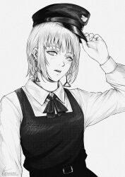 Rule 34 | 1girl, chainsaw man, collarbone, dress, earrings, fami (chainsaw man), grey hair, greyscale, hat, highres, holding, holding clothes, holding hat, instagram username, jewelry, looking at viewer, marvin (omarvin), military hat, monochrome, neck ribbon, open mouth, pinafore dress, ribbon, ringed eyes, short hair, simple background, sleeveless dress, solo, tassel, tassel earrings, twitter username, white background