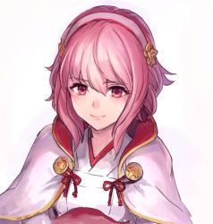 1girl capelet female_focus fire_emblem fire_emblem_fates hairband hashiko_(neleven) nintendo pink_eyes pink_hair portrait sakura_(fire_emblem) simple_background solo white_background