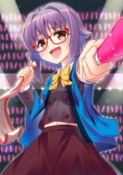 Rule 34 | 10s, 1girl, :d, bad id, bad pixiv id, bespectacled, blush, bow, bowtie, breasts, brown eyes, buttons, cowboy shot, flipped hair, foreshortening, glasses, glowing, glowstick, hair intakes, hair ornament, highres, holding, idol, idolmaster, idolmaster cinderella girls, koshimizu sachiko, lens flare, light stick, lights, long sleeves, looking at viewer, midriff, midriff peek, navel, open mouth, orange eyes, outline, outstretched arm, polka dot, purple hair, red-framed eyewear, ribbon, short hair, skirt, small breasts, smile, solo, spotlight, star (symbol), star print, umihotaru harumare