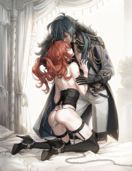 Rule 34 | 2boys, anal, anal object insertion, ass, blue hair, blush, butt plug, chain, closed eyes, closed mouth, corset, crossdressing, dark-skinned male, dark skin, diluc (genshin impact), dress, eyepatch, fylus, garter belt, garter straps, genshin impact, gloves, hair between eyes, high heels, highres, jewelry, kaeya (genshin impact), kneeling, lock, locked high heels, long hair, long sleeves, male focus, male penetrated, multiple boys, object insertion, open mouth, padlock, penis, ponytail, red eyes, red hair, restrained, sex toy, shirt, shoe soles, simple background, smile, strappy heels, tears, thighhighs, trap, yaoi