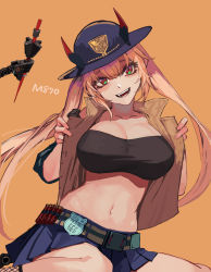 Rule 34 | 1girl, 666, absurdres, bra, breasts, collarbone, girls&#039; frontline, gun, hat, highres, horns, large breasts, long hair, looking at viewer, m870 (girls&#039; frontline), mechanical tail, midriff, navel, open mouth, orange hair, pump action, red eyes, remington 870, shotgun, shotgun shell, simple background, sitting, skirt, smile, solo, tail, thighs, tunamayo (dsasd751), twintails, underwear, weapon