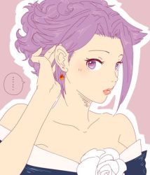 Rule 34 | ..., 1girl, alternate hair length, alternate hairstyle, bare shoulders, blush, dress, earrings, eyelashes, hand in own hair, image sample, jewelry, jun&#039;you (kancolle), kantai collection, karatachi (mitoudon), lipstick, looking at viewer, lowres, makeup, purple background, purple hair, red lips, short hair, sketch, solo, speech bubble, spiked hair, ss kashiwara maru, strapless, strapless dress, twitter sample, wavy hair