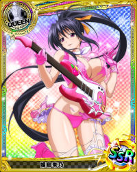Rule 34 | 10s, 1girl, artist request, black hair, breasts, card (medium), character name, chess piece, cleavage, covered erect nipples, female focus, gloves, guitar, high school dxd, himejima akeno, instrument, large breasts, left-handed, long hair, official art, panties, pink gloves, pink panties, purple eyes, queen (chess), skirt, solo, thighhighs, torn clothes, trading card, underwear, very long hair, white thighhighs