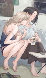 Rule 34 | 2girls, absurdres, ac/dc, alcohol, arm hug, ashtray, bandaid, bandaid on hand, barefoot, black hair, black pants, blue camisole, blue eyes, blue panties, blue shirt, blush, breasts, camisole, cigarette, closed eyes, collarbone, commentary, cup, deerwhisky, drunk, ear blush, earrings, highres, holding, holding cup, indoors, jewelry, light brown hair, long hair, medium breasts, medium hair, multiple girls, open mouth, original, panties, pants, parted lips, sapporo beer, shirt, sitting, spaghetti strap, strap slip, stud earrings, sweatdrop, table, teeth, underwear, upper teeth only, yuri
