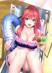 1girl :d ahoge arm_strap beach beach_chair bikini black_bikini blue_eyes breasts cleavage collarbone commentary food food_on_face frilled_bikini frills go-toubun_no_hanayome hair_between_eyes hair_ornament highres holding holding_food holding_ice_cream holding_swim_ring ice_cream ice_cream_on_face innertube kosmos_beta large_breasts long_hair looking_at_viewer nakano_itsuki open_mouth outdoors pink_nails ponytail red_hair sitting smile solo star_(symbol) star_hair_ornament swim_ring swimsuit thigh_strap