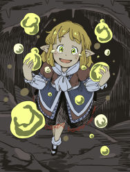 Rule 34 | 1girl, arm warmers, black footwear, black skirt, blonde hair, brown jacket, brown shirt, cave, chii-kun (seedyoulater), dark, green eyes, jacket, layered clothes, looking at viewer, mizuhashi parsee, open mouth, orb, pointy ears, ribbon-trimmed skirt, ribbon trim, scarf, shirt, shoes, short hair, short sleeves, sidelocks, skirt, smile, socks, solo, tearing up, touhou, white scarf, white socks