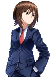 Rule 34 | 10s, 1girl, belt, black belt, blazer, blue jacket, blue pants, blue suit, brown eyes, brown hair, closed mouth, commentary, crossdressing, dress shirt, formal, frown, girls und panzer, hands in pockets, highres, jacket, long sleeves, looking to the side, necktie, nishizumi maho, pants, red necktie, shirt, short hair, simple background, solo, standing, suit, upper body, white background, white shirt, wing collar, zanntetu