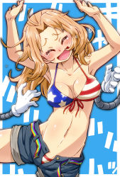 Rule 34 | 1girl, :d, american flag bikini, american flag print, aono3, arms up, belt, bikini, bikini under clothes, blonde hair, blue background, blue shorts, breasts, closed eyes, collarbone, commentary request, denim, denim shorts, facing viewer, flag print, front-tie bikini top, front-tie top, girls und panzer, hair intakes, highres, kay (girls und panzer), large breasts, laughing, leaning to the side, long hair, mechanical arms, open belt, open fly, open mouth, print bikini, short shorts, shorts, smile, solo, standing, swimsuit, tears, text background, tickle torture, tickling, tickling armpits, translated, unbuckled, unbuttoned, unzipped