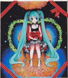 Rule 34 | 1girl, alternate costume, barefoot, chair, dress, hatsune miku, heart, long hair, mosho, sitting, solo, traditional media, twintails, very long hair, vocaloid