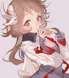 Rule 34 | 1girl, animal ears, arknights, awa iro, blush, bracelet, brown hair, dress, ear protection, eyjafjalla (arknights), fingers together, frills, goat ears, goat horns, horns, jewelry, long hair, long sleeves, looking at viewer, parted lips, pink background, purple dress, purple eyes, simple background, sleeves past wrists, solo, upper body, white sleeves