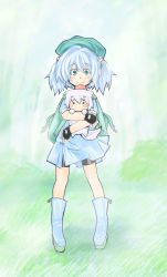 Rule 34 | 2girls, backpack, bag, bike shorts, blue hair, blush, blush stickers, boots, chibi, closed eyes, female focus, fingerless gloves, gloves, gradient background, green eyes, hair bobbles, hair ornament, hat, highres, hug, inubashiri momiji, kawashiro nitori, looking at viewer, multiple girls, nature, outdoors, plant, short hair, short twintails, shorts, shorts under skirt, skirt, smile, tail, tokin hat, touhou, twintails, two side up, wolf tail, x172xqqq