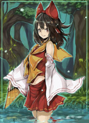 Rule 34 | 1girl, akishima kei, ascot, bare shoulders, bow, brown eyes, brown hair, detached sleeves, female focus, forest, full body, hair bow, hakurei reimu, looking at viewer, looking back, nature, neckerchief, plant, pleated skirt, pond, red bow, red skirt, short hair, skirt, solo, standing, touhou, tree, vest, wading, water, wetland