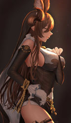 Rule 34 | 1girl, absurdres, animal ears, arm between breasts, asymmetrical hair, between breasts, breasts, brown hair, closed eyes, detached sleeves, frilled sleeves, frills, galleon (granblue fantasy), gloves, granblue fantasy, hair between eyes, highres, horns, itsuki toiro, large breasts, long hair, pointy ears, solo, veil, very long hair, white gloves