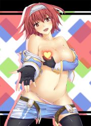 Rule 34 | 10s, 1girl, :d, blush, breast hold, breasts, censored, censored nipples, choujigen game neptune mk2, clothes pull, collarbone, convenient censoring, falcom (neptunia), female focus, fingerless gloves, gloves, hair ornament, hairband, heart, heart censor, kneeling, large breasts, looking at viewer, navel, neptune (series), open mouth, panties, red eyes, red hair, short hair, skirt, skirt pull, smile, solo, thighhighs, underwear, undressing, ysnonnon, ysnonnon (yuu)
