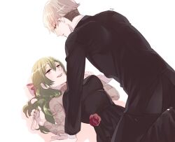 Rule 34 | 1boy, 1girl, black dress, black suit, blonde hair, breasts, commentary, dashimakick, dress, flower, formal, glasses, green hair, hair between eyes, land (sousou no frieren), long hair, lying, medium breasts, on back, open mouth, red flower, red rose, rose, short hair, simple background, sousou no frieren, suit, ubel (sousou no frieren), unworn eyewear, white background