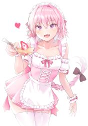 Rule 34 | 1boy, alternate costume, apron, astolfo (fate), bare shoulders, black bow, blush, bow, braid, collarbone, cpqm, dress, enmaided, fang, fate/apocrypha, fate (series), feeding, food, frills, fruit, garter straps, hair between eyes, hair intakes, heart, highres, long braid, long hair, looking at viewer, maid, maid headdress, male focus, multicolored hair, pink dress, pink hair, purple eyes, short dress, simple background, single braid, skin fang, smile, solo, spoon, strawberry, streaked hair, thighhighs, thighs, trap, waist apron, white background, white hair, white thighhighs, wrist cuffs