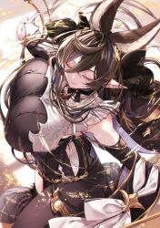 Rule 34 | 1girl, 218, animal ears, bare shoulders, black dress, blue hair, blush, breasts, brown hair, closed eyes, detached sleeves, dress, extra ears, frilled dress, frilled sleeves, frills, galleon (granblue fantasy), gloves, granblue fantasy, hair between eyes, hair ornament, horns, large breasts, long hair, multicolored hair, pointy ears, smile, solo, streaked hair, very long hair, white gloves