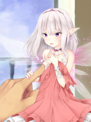 Rule 34 | 1girl, 1other, blush, bra, breast poke, breasts, choker, commentary request, dress, earrings, fairy, fairy wings, grabbing, grabbing another&#039;s breast, grabbing another's breast, guided breast grab, guiding hand, hand to own mouth, highres, holding hands, jewelry, long hair, mini person, minigirl, nail polish, off shoulder, open mouth, original, pink dress, pointy ears, poking, purple eyes, ring, sasasa (nashi), silver hair, size difference, small breasts, smile, strap slip, tiara, underwear, white bra, wings
