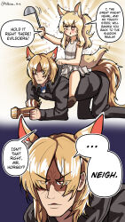 Rule 34 | 1boy, 1girl, absurdres, aged down, animal ears, annoyed, arknights, blonde hair, brown eyes, comic, english text, gauntlets, highres, holding, holding ladle, horse boy, horse ears, horse girl, horse tail, horseback riding, ladle, long hair, mlynar (arknights), nearl (arknights), nhim, playing games, riding, short hair, single gauntlet, speech bubble, tail, uncle and niece