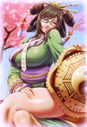 Rule 34 | 1girl, absurdres, black-framed eyewear, black hair, breasts, brown hair, chinese clothes, commentary, crossed legs, day, deep skin, english commentary, glasses, hair rings, highres, large breasts, looking at viewer, mole, mole under mouth, pltnm ghost, samurai spirits, sash, shield, sidelocks, sitting, smile, solo, tassel, thick thighs, thighs, updo, wu-ruixiang