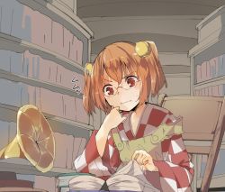 Rule 34 | 1girl, annoyed, apron, bad id, bad twitter id, bell, book, checkered clothes, checkered kimono, glasses, hair bell, hair ornament, hasebe yuusaku, japanese clothes, kimono, motoori kosuzu, phonograph, red eyes, red hair, short hair, sketch, smile, solo, touhou, twintails, two side up