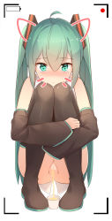 Rule 34 | 1girl, absurdres, ahoge, blush, boots, bottomless, cleft of venus, convenient censoring, cup, detached sleeves, female focus, full body, green eyes, green hair, hair between eyes, hatsune miku, highres, hugging own legs, kilo (pixiv), long hair, pee, peeing, peeing in cup, pigeon-toed, pussy, recording, solo, squatting, tears, thigh boots, thighhighs, twintails, uncensored, very long hair, viewfinder, vocaloid