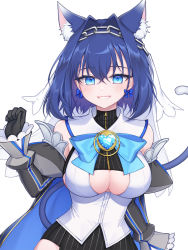 Rule 34 | 1girl, animal ears, blue eyes, blue hair, bow, breasts, cat ears, cat girl, cat tail, chain, detached sleeves, earrings, gloves, hair between eyes, hair intakes, hololive, hololive english, jewelry, large breasts, looking at viewer, ouro kronii, ouro kronii (1st costume), parted lips, pong (vndn124), simple background, solo, tail, teeth, underboob, upper body, virtual youtuber, white background