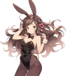 Rule 34 | 1girl, animal ears, asakura maru, black bow, black bowtie, black hair, black leotard, black pantyhose, bow, bowtie, breasts, brown eyes, cleavage, commentary request, cowboy shot, detached collar, hair bow, leotard, long hair, medium breasts, original, pantyhose, playboy bunny, rabbit ears, rabbit tail, solo, standing, strapless, strapless leotard, tail, wrist cuffs