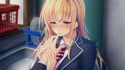 Rule 34 | 1girl, ayase hazuki, blonde hair, blush, breasts, chobipero, collared shirt, eyebrows, finger to mouth, game cg, green eyes, indoors, kitchen, large breasts, long hair, long sleeves, looking at viewer, plate, school uniform, sexually suggestive, shirt, solo focus, standing, upper body, zannen na ane to no love comedy