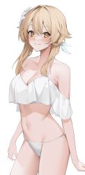 Rule 34 | 1girl, arms at sides, bare shoulders, bikini, blonde hair, blush, breasts, cleavage, closed mouth, cowboy shot, feather hair ornament, feathers, flower, frilled bikini, frills, genshin impact, hair flower, hair intakes, hair ornament, hair over shoulder, halterneck, highres, kuen (kuennn12), looking at viewer, lumine (genshin impact), medium breasts, navel, off-shoulder bikini, off shoulder, ohisashiburi (style), short hair with long locks, sidelocks, simple background, skindentation, smile, solo, stomach, string bikini, swimsuit, thighs, white background, white bikini, white flower, yellow eyes