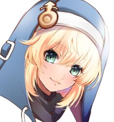 Rule 34 | 1boy, androgyne symbol, blonde hair, blush, bridget (guilty gear), dodotsuki, green eyes, guilty gear, guilty gear strive, habit, hood, hood up, hooded jacket, hoodie, jacket, looking at viewer, male focus, medium hair, open clothes, open hoodie, sketch, smile, solo, trap, upper body