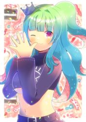 Rule 34 | 1girl, ;3, belt, belt buckle, black belt, black shirt, blue hair, blurry, blurry background, blush, breasts, buckle, cali calypso, closed mouth, commentary request, commission, crop top, crown, depth of field, gradient hair, green hair, hands up, indie virtual youtuber, kou hiyoyo, long sleeves, mini crown, multicolored hair, navel, one eye closed, red eyes, shirt, skeb commission, solo, steepled fingers, tentacle hair, tilted headwear, underboob, virtual youtuber