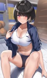 Rule 34 | 1girl, arm support, ball, bare legs, basketball, basketball (object), black buruma, black hair, blue jacket, blurry, blurry background, blush, breasts, buruma, cleavage, closed mouth, commentary request, crotch, gym storeroom, highres, jacket, kaku yone, large breasts, navel, original, red eyes, short hair, sitting, smile, solo, sports bra, sportswear, stomach, thighs, track uniform