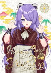 Rule 34 | 1girl, 2022, animal ears, asa no ha (pattern), ascot, claw pose, commentary, fingernails, happy new year, highres, hololive, hololive indonesia, long hair, looking at viewer, moona hoshinova, new year, nyori, open mouth, purple eyes, purple hair, solo, virtual youtuber
