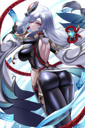Rule 34 | 1girl, absurdres, ass, ass focus, back, back cutout, black bodysuit, black gloves, blue eyes, blush, bodysuit, braid, breasts, clothing cutout, elbow gloves, eternity (shadeh), genshin impact, gloves, hair ornament, hair over one eye, highres, hip vent, large breasts, long hair, long sleeves, looking at viewer, looking back, low-braided long hair, low-tied long hair, partially fingerless gloves, puffy long sleeves, puffy sleeves, red rope, rope, shenhe (genshin impact), shoulder cutout, solo, tabard, talisman, tassel, thighs, very long hair, vision (genshin impact), white hair