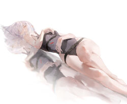 Rule 34 | 1girl, belt, black bodysuit, bodysuit, closed eyes, commentary, commentary request, cyberpunk (series), cyberpunk edgerunners, dino (dinoartforame), highres, lucy (cyberpunk), lying, medium hair, on side, reflection, solo, tagme, white background, white hair