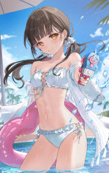 Rule 34 | 1girl, aiming, aiming at viewer, bare shoulders, bikini, black hair, blue nails, blue sky, blunt bangs, breasts, cleavage, closed mouth, cloud, collarbone, commentary request, cowboy shot, cross-laced bikini, cross-laced clothes, day, earrings, finger on trigger, foreshortening, frilled bikini, frills, hair ornament, hair scrunchie, heart, heart-shaped innertube, heart earrings, highres, holding, holding water gun, innertube, jewelry, long hair, looking at viewer, low twintails, mole, mole under eye, nail polish, navel, nima (niru54), orange eyes, original, outdoors, scrunchie, side-tie bikini bottom, signature, sky, small breasts, smile, solo, strapless, strapless bikini, swim ring, swimsuit, twintails, wading, water, water gun, wet, white bikini