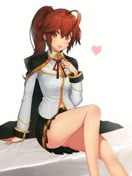 Rule 34 | 1girl, ahoge, ass, blazblue, blush, brown eyes, brown hair, cape, celica a. mercury, covered erect nipples, hair ribbon, heart, highres, k1 (erin22), legs, looking at viewer, miniskirt, navel, pleated skirt, ponytail, red eyes, red ribbon, ribbon, school uniform, sitting, skirt, smile, solo
