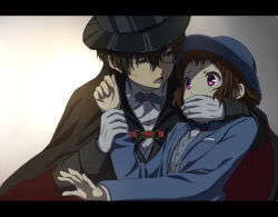 Rule 34 | 1boy, 1girl, bow, bowler hat, bowtie, brown hair, cosplay, covered mouth, covering own mouth, gloves, green eyes, hat, hyouka, ibara mayaka, kimi ni matsuwaru mystery, letterboxed, monocle, oreki houtarou, red eyes, rito453, short hair, top hat