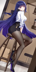 Rule 34 | 1girl, absurdres, bag, black footwear, black pantyhose, black skirt, blue eyes, blue soles, breasts, chinese commentary, closed mouth, commentary request, from side, full body, high heels, highres, honkai (series), honkai impact 3rd, large breasts, legs, long hair, long legs, long sleeves, looking at viewer, looking to the side, pantyhose, patent heels, pumps, purple hair, raiden mei, raiden mei (apho), shirt, shirt tucked in, shoes, sitting, skirt, smile, solo, stiletto heels, stool, thighs, white shirt, wu ganlan cai
