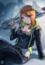 Rule 34 | 1girl, absurdres, alina l, black bodysuit, black choker, black jacket, blue eyes, bodysuit, breast tattoo, breasts, brown hair, choker, cleavage, closed mouth, eunie (xenoblade), head wings, highres, holding, holding weapon, jacket, looking at viewer, medium breasts, medium hair, over shoulder, smile, solo, swept bangs, tattoo, weapon, weapon over shoulder, white wings, wings, xenoblade chronicles (series), xenoblade chronicles 3