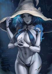 Rule 34 | 1girl, alternate breast size, bikini, blue eyes, blue hair, blue skin, breasts, cleavage, collarbone, colored skin, cowboy shot, crack, cracked skin, dandon fuga, elden ring, extra arms, hand on headwear, hand on own chest, hat, highleg, highleg bikini, highres, jewelry, large breasts, large hat, looking at viewer, navel, o-ring, o-ring bikini, one-eyed, ranni the witch, ring, sling bikini top, solo, steepled fingers, swimsuit, toned, underwear, white hat, witch, witch hat