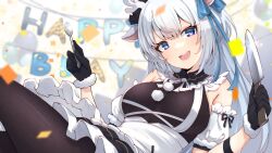 Rule 34 | 1girl, absurdres, animal ears, antlers, bare shoulders, black gloves, black pantyhose, blue eyes, blurry, bow, breasts, confetti, deer ears, deer girl, depth of field, detached sleeves, ear ribbon, gloves, grey hair, hakushika iori, happy birthday, highres, horns, knife, medium breasts, open mouth, pantyhose, phase connect, ribbon, smile, solo, spoon, valefal coneri, virtual youtuber