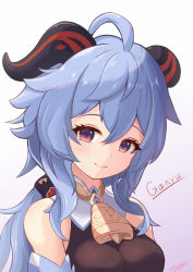 Rule 34 | ahoge, artist name, bare shoulders, bell, blue hair, blush, bow, bowtie, breasts, character name, curled horns, detached sleeves, ganyu (genshin impact), genshin impact, highres, horns, long hair, looking at viewer, low ponytail, medium breasts, neck bell, purple eyes, sidelocks, smile, solo, unishaho