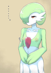 Rule 34 | ..., 1girl, absurdres, brown background, collarbone, colored skin, cowboy shot, creatures (company), expressionless, female focus, flat chest, game freak, gardevoir, gen 3 pokemon, green hair, green skin, hair over one eye, half-closed eyes, heart, highres, japanese text, multicolored skin, nanishimeji, nintendo, nipples, no mouth, own hands together, pokemon, pokemon (creature), red eyes, short hair, simple background, solo, standing, translation request, two-tone skin, white skin