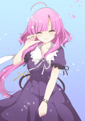 Rule 34 | 1girl, ahoge, black ribbon, blue background, blurry, blurry foreground, blush, breasts, closed eyes, closed mouth, cross, cross necklace, dress, gakkou gurashi!, hand up, highres, jewelry, neck ribbon, necklace, ougi hina, parted bangs, petals, pink hair, puffy short sleeves, puffy sleeves, purple dress, ribbon, sakura megumi, short sleeves, smile, solo, watch, white ribbon, wristwatch