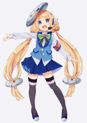 Rule 34 | 1girl, :o, armband, black thighhighs, blonde hair, blue eyes, blue footwear, blue skirt, blue vest, bow, bowtie, green bow, green bowtie, grey background, hair tie, hashibuto, headset, heart, highres, long hair, looking at viewer, low-tied long hair, original, pocket, shoes, skirt, solo, standing, thighhighs, twintails, very long hair, vest