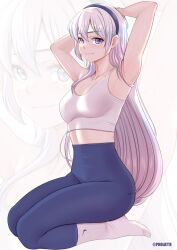 Rule 34 | 1girl, absurdres, armpits, arms up, blue hairband, blue pantyhose, breasts, closed mouth, collarbone, full body, ghhoward, grey eyes, hair between eyes, hairband, highres, large breasts, legs, light purple hair, long hair, looking at viewer, navel, no shoes, original, pantyhose, parted bangs, ribbed socks, seiza, sidelocks, sitting, smile, socks, socks over pantyhose, sports bra, sweat, sweatdrop, twitter username, very long hair, white socks, white sports bra, zoom layer