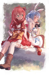 Rule 34 | adapted costume, ahoge, back-to-back, black pantyhose, blue hair, boots, braid, brown footwear, chewing, commentary, cross-laced footwear, detached sleeves, dress, eating, green eyes, highres, hololive, long hair, looking at another, multicolored hair, nontraditional miko, obi, orange hair, outdoors, pantyhose, puffy short sleeves, puffy sleeves, red scarf, roke (taikodon), sakura miko, sakura miko (1st costume), sash, scarf, short sleeves, sitting, thick eyebrows, thighhighs, twin braids, twintails, two-tone hair, usada pekora, usada pekora (1st costume), virtual youtuber, white dress, white hair, white legwear, winter clothes, yellow eyes